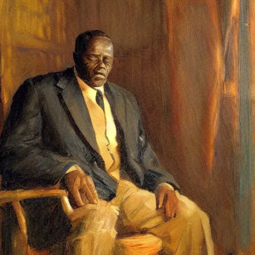 Image similar to a painting of a thinker, thoughtful, focused, visionary, calm, jovial, loving, daddy/fatherly, generous, well fed, elegant elder and his on from Kenya by Henry Ossawa Tanner . dramatic angle, ethereal lights, details, smooth, sharp focus, illustration, realistic, cinematic, artstation, award winning, rgb , unreal engine, octane render, cinematic light, macro, depth of field, blur, red light and clouds from the back, highly detailed epic cinematic concept art CG render made in Maya, Blender and Photoshop, octane render, excellent composition, dynamic dramatic cinematic lighting, aesthetic, very inspirational, arthouse.