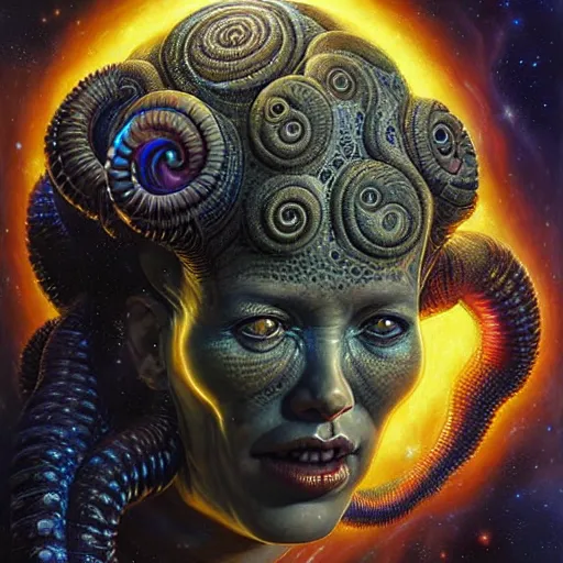 Image similar to uhd photorealistic cosmic lovecraftian gorgon in space. amazing detail, correct face, symmetrical face, by karol bak and zawadzki, hyperdetailed. intricate details with studio lighting.