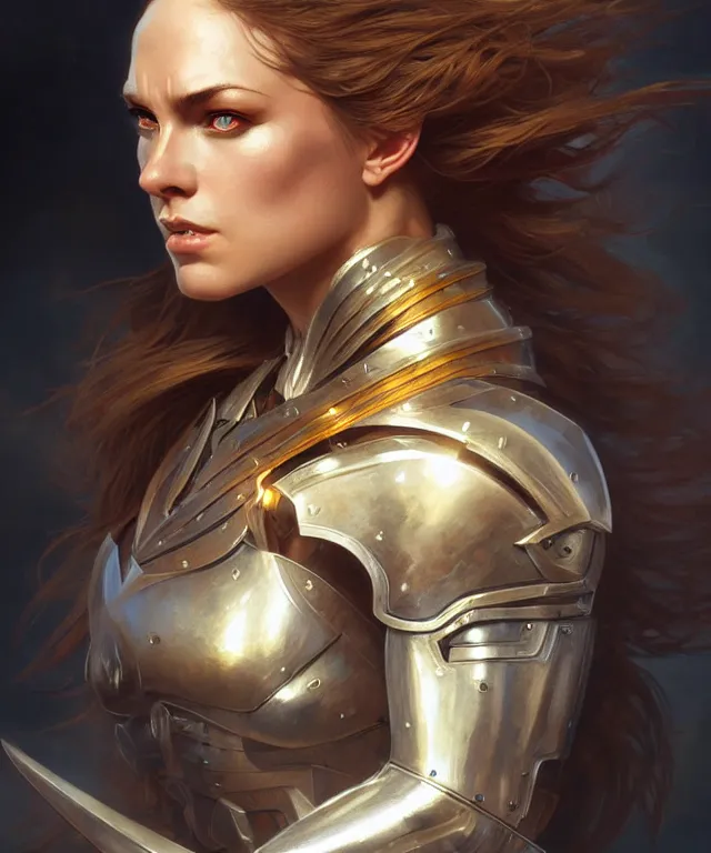 Image similar to Muscular and powerful medieval knight woman portrait, sci-fi, amber eyes, face, long hair, fantasy, intricate, elegant, highly detailed, digital painting, artstation, concept art, smooth, sharp focus, illustration, art by artgerm and greg rutkowski and alphonse mucha