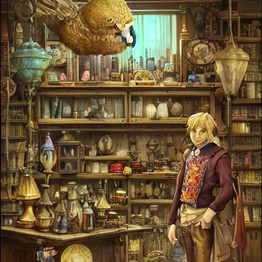 Image similar to Anthropomorphized parrot trader in his shop, art by Akihiko Yoshida and Greg Rutkowski, shelves full, selling a gem, portrait, items, magic potions, weapons, arcana, carpet, window, fancy funny hat, sly expression , cunning expression, cute expression, presenting magic gem, D&D, fantasy, cinematic lighting, highly detailed, digital painting, artstation, concept art, smooth, sharp focus, illustration, warm light, cozy warm tint, magic the gathering artwork, volumetric lighting, 8k, no gold, no gold colours