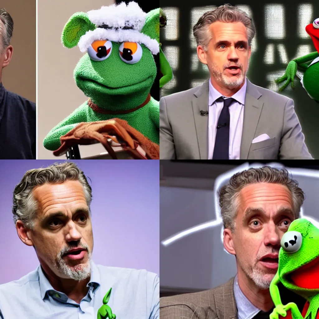 Prompt: jordan peterson giving a lecture while slowly shrinking into kermit the frog