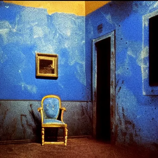 Image similar to a black unicorn in a blue and gold haunted liminal abandoned room, film still by david lynch, limited color palette, very intricate, art noveau, highly detailed, strong lights, liminal, eerie, bright pastel colors