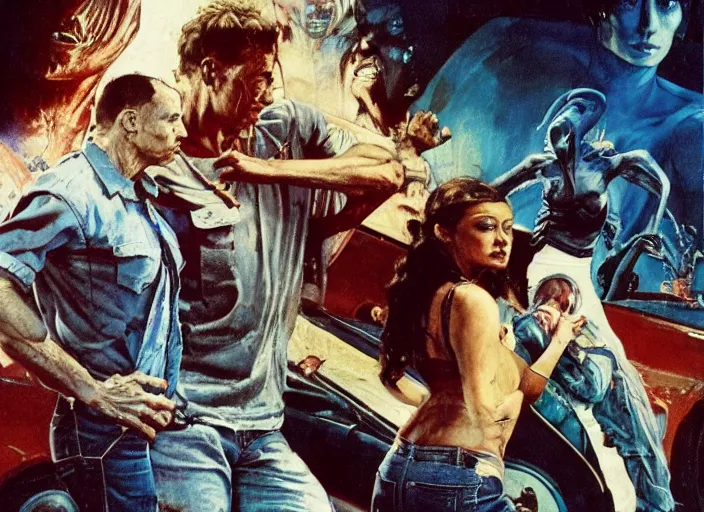 Prompt: a still from the film fast and the furious by francis bacon, surreal, norman rockwell and james jean, greg hildebrandt, triadic color scheme, by greg rutkowski, in the style of francis bacon and edward hopper and beksinski, dark surrealism, grand theft auto video game, a still from the film alien