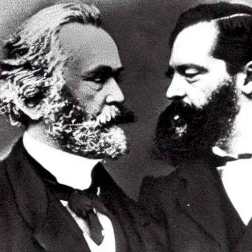 Image similar to Karl Marx and Ayn Rand kissing, wedding photo, 1920, Church backround