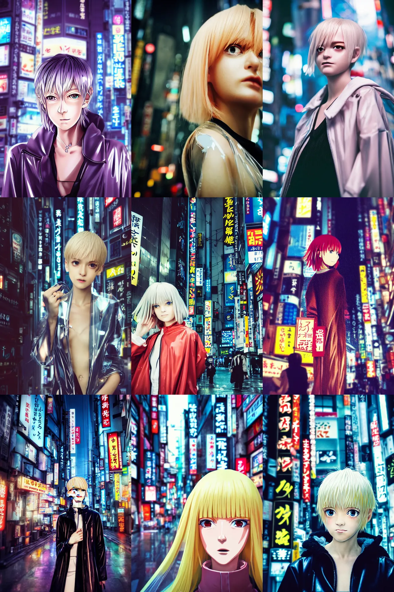 Prompt: Kodak Portra 400, 8K, highly detailed, wachowski seinen manga 3/4 extreme closeup portrait, clear eyes, focus on clear transparent raincoat blonde pixie hair model, tilt shift zaha hadid style anime background: famous blade runner anime remake, tokyo izakaya scene