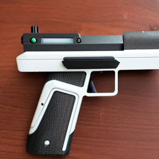 Prompt: a 3 d printed working laser gun, that used nylon carbon fiber filament. 5 0 mm lens, f 1. 8.