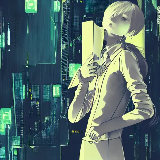 Image similar to Frequency indie album cover, luxury advertisement, yellow filter, white and gray colors. Clean and detailed post-cyberpunk sci-fi close-up schoolgirl in asian city in style of cytus and deemo, blue flame, relaxing, calm and mysterious vibes, by Tsutomu Nihei, by Yoshitoshi ABe, by Ilya Kuvshinov, by Greg Tocchini, nier:automata, set in half-life 2, Matrix, GITS, Blade Runner, Neotokyo Source, Syndicate(2012), dynamic composition, beautiful with eerie vibes, very inspirational, very stylish, with gradients, surrealistic, dystopia, postapocalyptic vibes, depth of field, mist, rich cinematic atmosphere, perfect digital art, mystical journey in strange world, beautiful dramatic dark moody tones and studio lighting, shadows, bastion game, arthouse