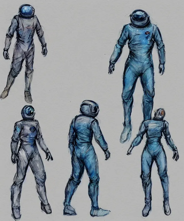 Prompt: gesture drawings color pen and ink and pencil sketch character concept design game asset of sketches watercolor of a a home made 1950s style science fiction retro space suit by Stanley Artgerm Lau, WLOP, Rossdraws, James Jean, Andrei Riabovitchev, Marc Simonetti, and Sakimichan, tranding on artstation , assets, character design, tending on pinterest, trending on cgtalk, trending on concept art, trending on character design