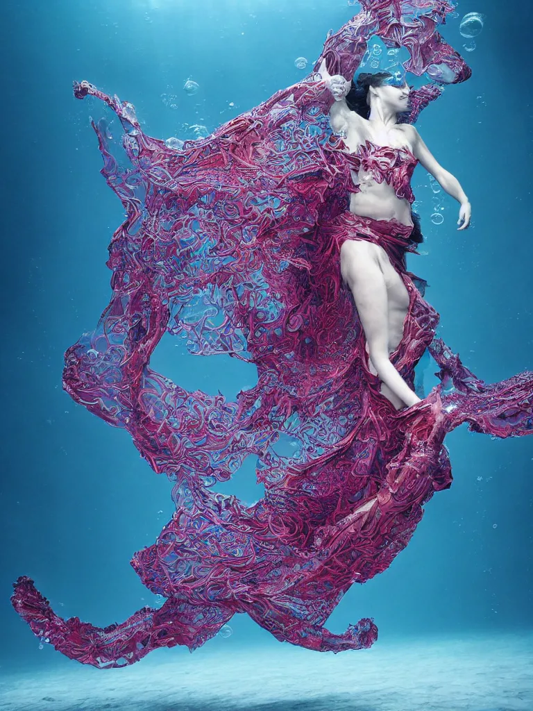 Prompt: a beautiful hyperdetailed rendering of an underwater bellydancer with extremely long flowy dress like a beta fish fins, weightless, deep color, fine bubbles, cryengine, 8 k, extreme detail, full subject in frame and view, epic scale ultrawide angle, designed by iris van herpen and alexander mcqueen, slow motion fashion, low key lighting