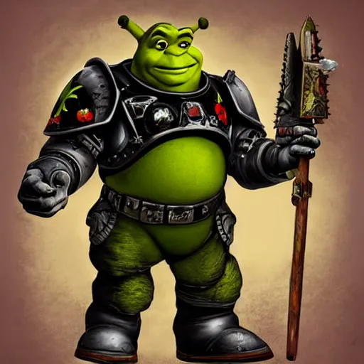 Prompt: Shrek as a Warhammer 40k space marine, digital art