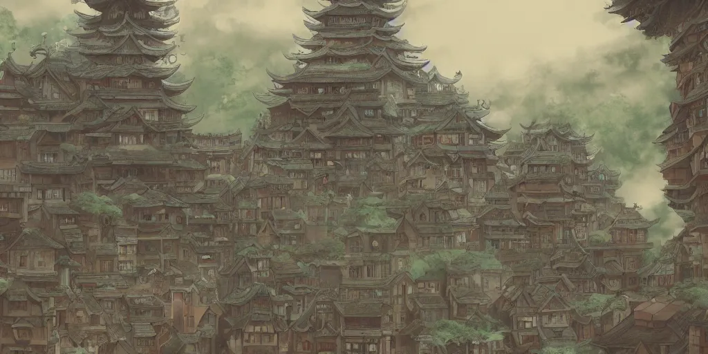 Image similar to Ghibli, Anime Background, Miyazaki Hayao, ancient architecture, China, concept art, illustration,smooth, sharp focus, intricate, super wide angle, trending on artstation, trending on deviantart, 4K