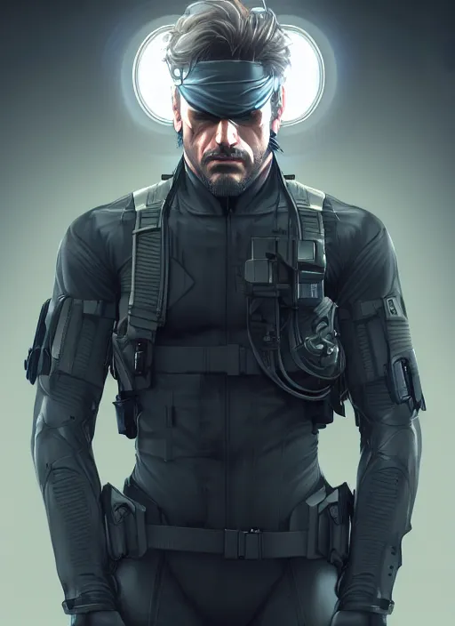 Image similar to symmetry!! portrait of solid snake, metal gear solid, tech wear, glowing lights!! intricate, elegant, highly detailed, digital painting, artstation, concept art, smooth, sharp focus, illustration, art by artgerm and greg rutkowski and alphonse mucha