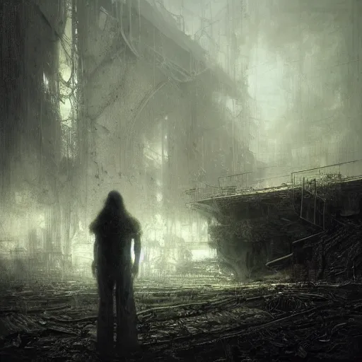 Image similar to lost and alone in an industrial wasteland by gustave dore and gustave moreau and beksinski and giger and craig mullins and jeremy mann