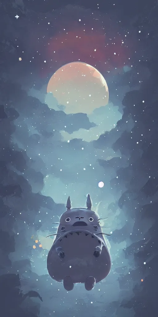 Image similar to exoskeleton totoro, mountain landscape, night sky, digital art, digital painting, celestial, majestic, playful, colorful