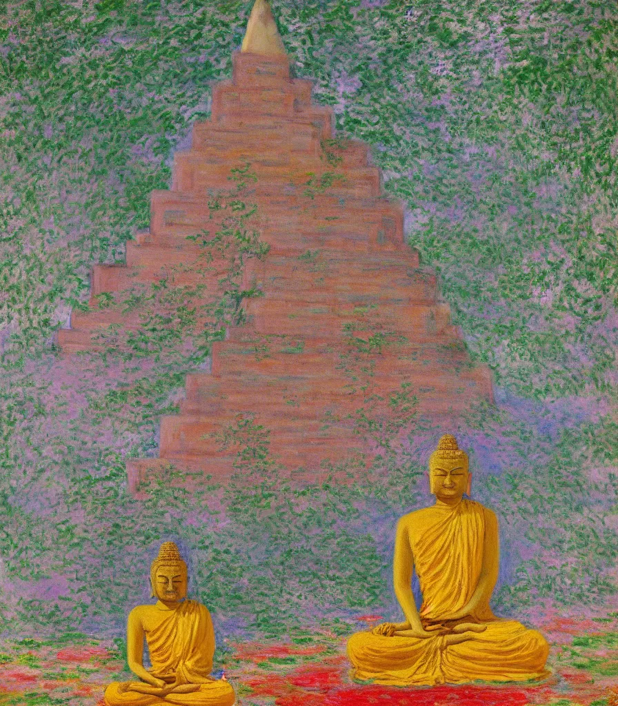 Prompt: an amazing pictures of a buddha meditating in front of a large mythical pyramid painted by claude monet, high detail, 4 k resolution, strong and vibrant colors, impato oil painting, consciousness