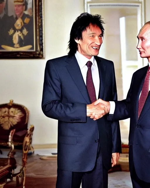 Image similar to sixty years old viktor tsoi with joyful look in a business suit shaking hands with vladimir putin in kremlin, mscow, color photo, mid shot photo, digital photo, 4 k