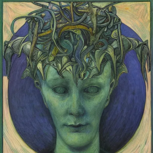 Image similar to the tentacle crown,by Annie Swynnerton and Diego Rivera, symbolist, dramatic lighting, elaborate geometric ornament, Art Brut, bioluminescent, soft blues and greens,smooth, sharp focus, extremely detailed, Adolf Wölfli