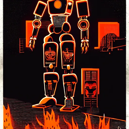 Prompt: a full body character design by dean ellis, guy denning, tim doyle, laurie greasley. fiery flaming grungy industrial rectangular trapezoid faceless humanoid anatomical mech robot heroic!! fire!! bold outline sharp edges. ultra clear detailed. 8 k. elegant, neon colors, dynamic angle, intricate complexity, epic composition, symmetry, cinematic lighting masterpiece