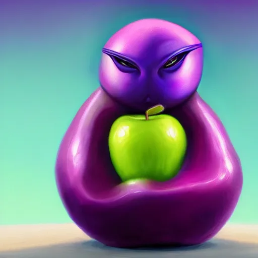 Prompt: a purple alien materializing an apple, digital painting, ultradetailed, artstation, oil painting, ultradetailed, artstation