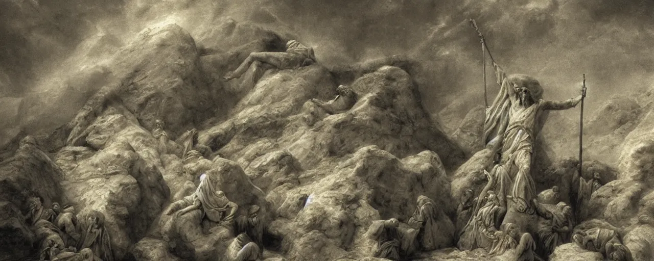 Prompt: moses holding up in the air the ten commandments stone tablets, photorealistic, highly detailed, texture, soft light, dramatic, moody, ambient, painting by gustave dore