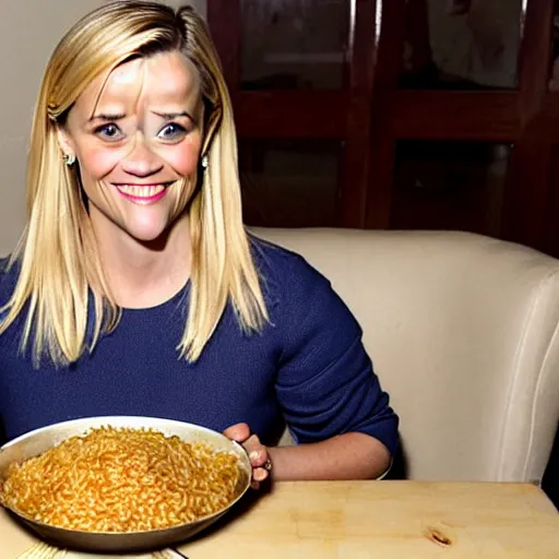 Prompt: reese witherspoon eating rice with a spoon