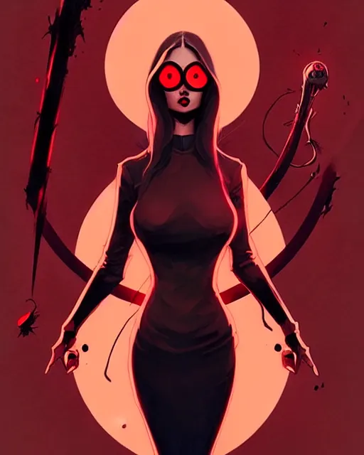 Image similar to rafael albuquerque comic art, peter mohrbacher, phil noto, artgerm, pretty evil elizabeth olson witch, black and red dress, symmetrical eyes