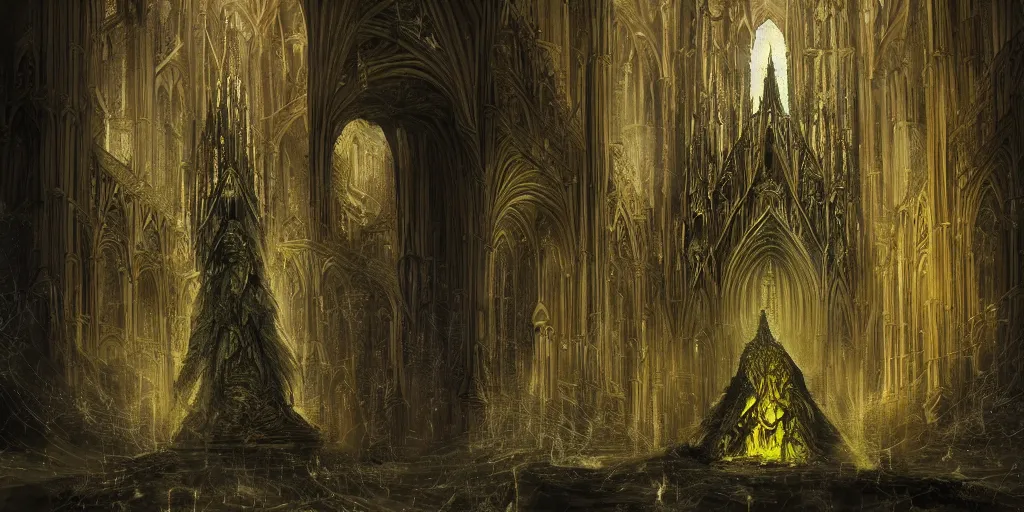 Prompt: a tall towering huge pale human wearing a yellow garment sitting upon an ornate stone throne, 4K, digital art, lovecraftian, lovecraft art, artstation, horror, dramatic, wearing a long yellow rotting garment, dark, hyperrealistic, dramatic perspective, complex (((dark))) cathedral background, dark background, highlights,