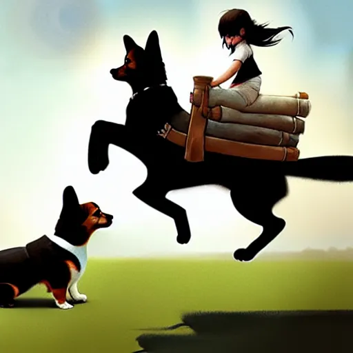 Image similar to tiny cat girl riding on the back of a giant corgi by greg rutkowski