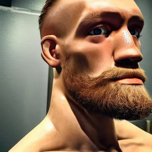 Prompt: “a realistic detailed photo of a guy who is an attractive humanoid who is half robot and half humanoid, who is a male android, boxer Conor McGregor, shiny skin, posing like a statue, blank stare”