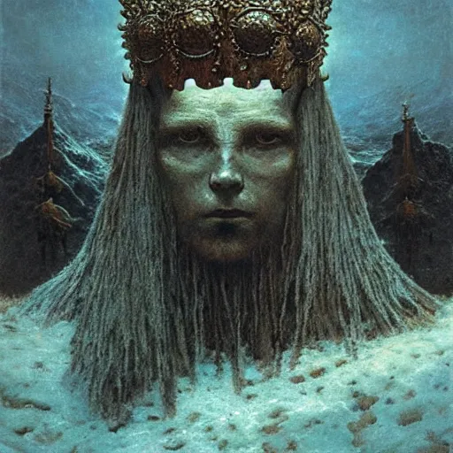 Image similar to ice lord, full body, wearing icy ornamented armor, wearing ice royal crown war helm, beksinski