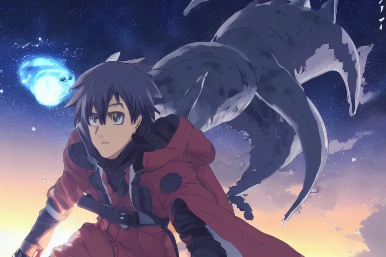 Image similar to Tonemapped Shonen protagonist!! splitting a gas giant in half like Parting of the Red Sea, with pack of Space Whales fly through an interdimensional rift! in background by (Hiromu Arakawa), Makoto Shinkai and (Cain Kuga)