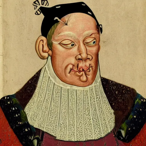 Image similar to a portrait of a very ugly medieval nobleman with white hair, big forhead and mismatched eyes.