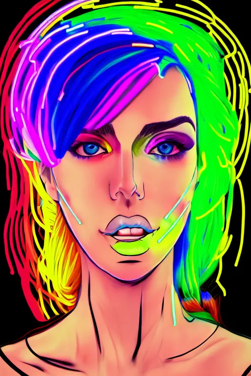 Image similar to a award winning portrait of a beautiful woman with stunning eyes in a one off shoulder croptop and cargo pants with rainbow colored hair, outlined by whirling illuminated neon lines and fine lines swirling in circles by ossdraws, digital art, trending on artstation