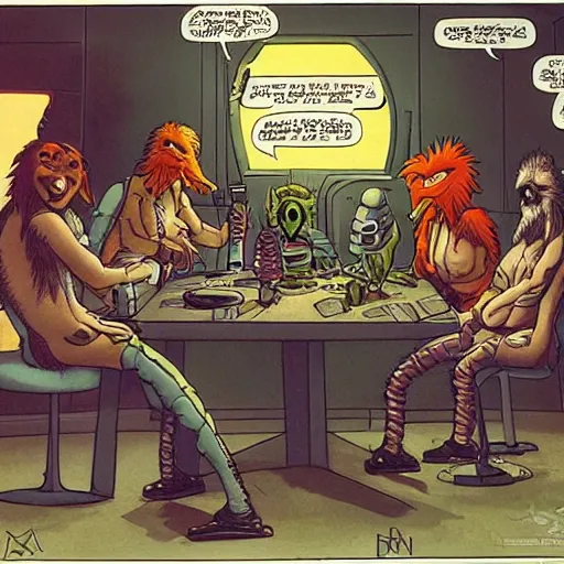 Image similar to scruffy punk starship crew sitting at table and playing strip poker, extraterrestrials, alien 1 9 7 9, ron cobb, jim henson creature shop, mike mignogna, highly detailed, comic book, science fiction, used future