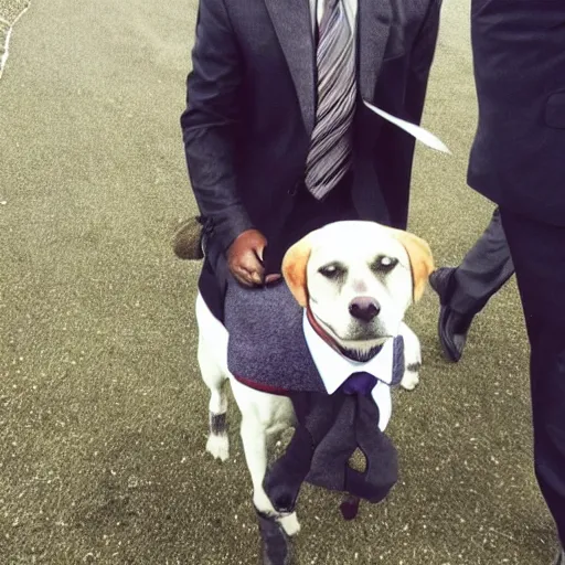 Prompt: a photo of a dog in a suit riding a black man