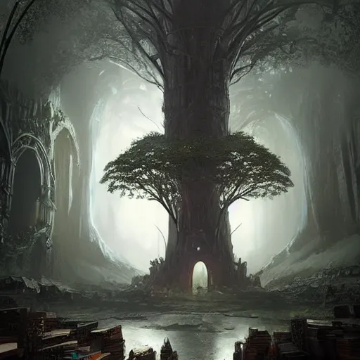 Prompt: a beautiful giant tree growing in the middle of an ancient vast Victorian library indoors. an archway embedded in a library tree. fantasy digital art, fantasy style art, fantasy hearthstone art style, fantasy game art by greg rutkowski, darksouls concept art