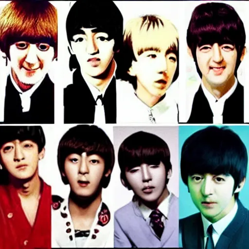 Image similar to The Beatles as Kpop idols. K-Pop idol John Lennon. K-Pop idol Paul McCartney. K-Pop idol George Harrison. K-Pop idol Ringo Starr.