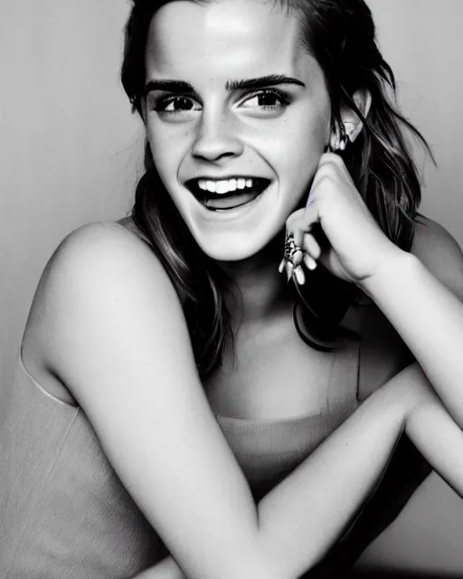 Image similar to A photo of laugh emma watson. she has wedding rings on his fingers. 50 mm. perfect ring. award winning photography