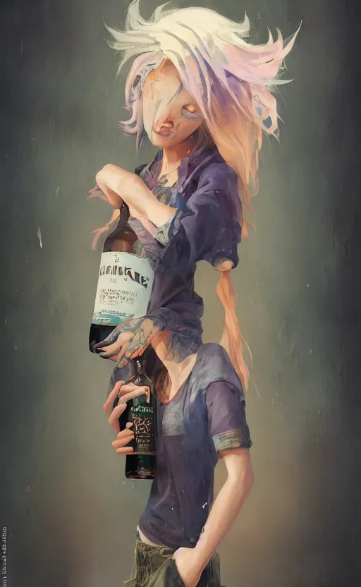 Image similar to a grungy woman with rainbow hair, happy, holding bottle of whiskey, soft eyes and narrow chin, dainty figure, long hair straight down, torn kawaii shirt and baggy jeans, basic white background, In style of by Jordan Grimmer and greg rutkowski, crisp lines and color,