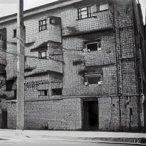 Prompt: The body art depicts a police station in the Lithuanian city of Vilnius. In the foreground, a group of policemen are standing in front of the building, while in the background a busy street can be seen. solarised by Zdzislaw Beksinski, by Fang Lijun