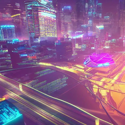 Image similar to A futuristic city, neon lights and flying cars, birds-eye view, pastel colours, 8k octane render, extremely detailed.