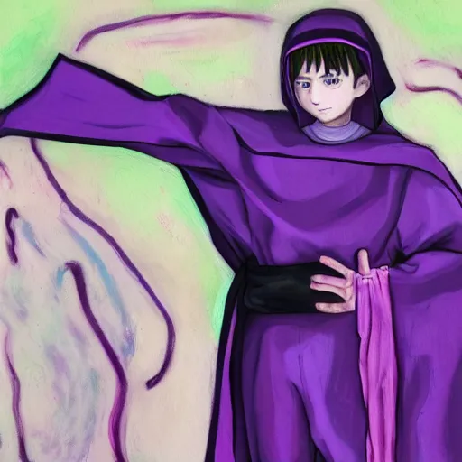 Image similar to little boy wearing nun outfit. purple and black color palate, detailed soft painting, made in abyss art style, inspired in hirohiko araki, anatomically correct