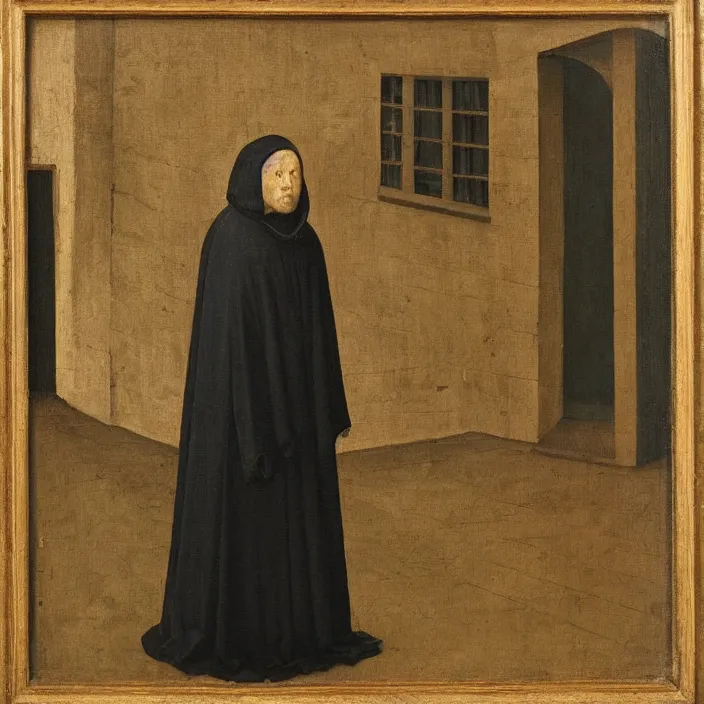 Prompt: a cloaked figured standing in front of a school, by early netherlandish painting,