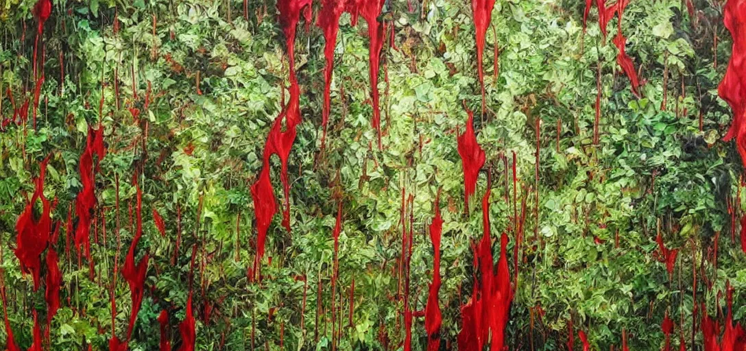 Image similar to hyperrealistic oil painting on canvas, hyperdetailed jungle made of blood and veins
