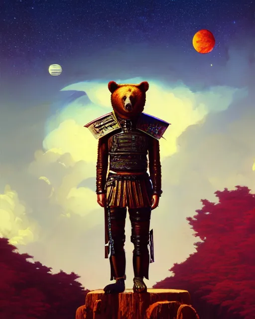 Image similar to highly detailed surreal vfx portrait of a metallic chromatic samurai bear in front of planets filled sky, stephen bliss, unreal engine, greg rutkowski, loish, rhads, beeple, makoto shinkai and lois van baarle, ilya kuvshinov, rossdraws, tom bagshaw, alphonse mucha, global illumination, detailed and intricate environment