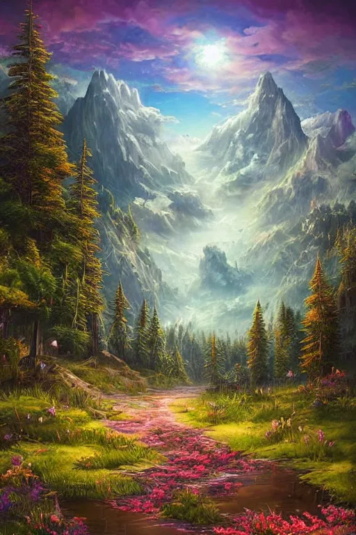 Image similar to beautiful matte painting style synthwave, whimsical art fantasy path mountains and meadow in the background near a lake reflecting the trees, atmospheric lighting, painted, intricate, volumetric lighting, beautiful, rich deep colors masterpiece, sharp focus, ultra detailed by