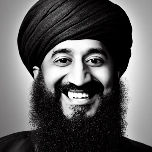 Image similar to profile picture photo of osama bin laden happily smiling, studio lighting, monochromatic background