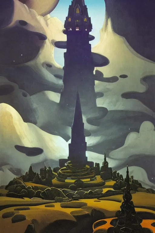 Image similar to view of the wizard's tower in its gardens after a storm, tall windows lit up, beautiful ornamental architecture, dramatic cinematic lighting, rich colors, by Nicholas Roerich and William Dyce and April Gornik and Sylvain Sarrailh and Ludwig Deutsch and Diego Rivera, featured on artstation