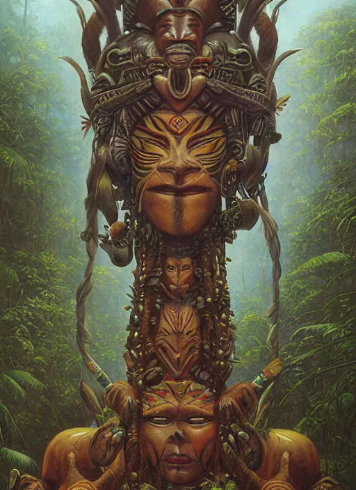 Image similar to a totem in the jungle representing amazonian shamanic tradition, tribal masks, totem, hyper detailed, art by christophe vacher