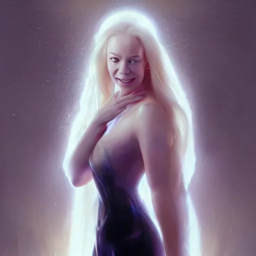 Image similar to Portrait of Jeri Ryan as a beautiful pale laughing angelic maiden with angel wings, and a glowing halo, white lighting, digital art by Ruan Jia and Mandy Jurgens and Artgerm, highly detailed, trending on artstation, award winning,